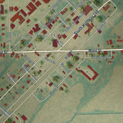 Close-up of the map of Hughes, Arkansas print showing street and building detail