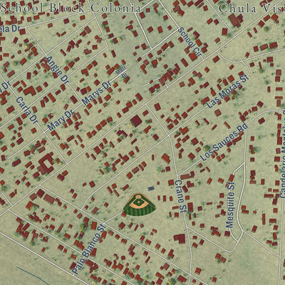 Close-up of the map of Chula Vista, Texas print showing street and building detail