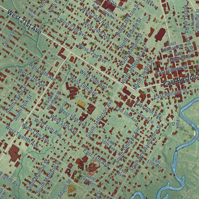 Close-up of the map of Covington, Louisiana print showing street and building detail