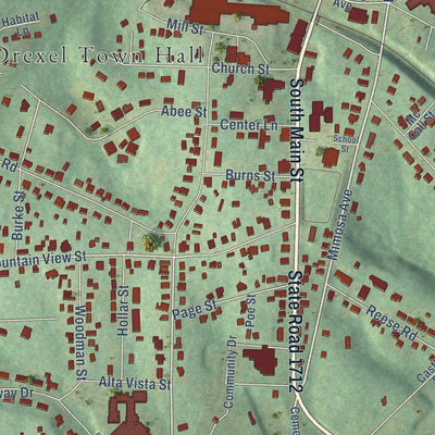 Close-up of the map of Drexel, North Carolina print showing street and building detail