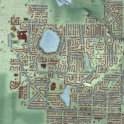 Close-up of the map of Lakewood, Washington print showing street and building detail