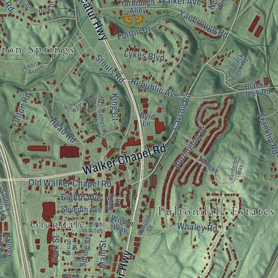 Close-up of the map of Fultondale, Alabama print showing street and building detail