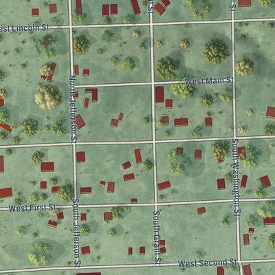 Close-up of the map of Blue Springs, Nebraska print showing street and building detail