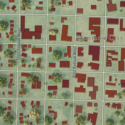 Close-up of the map of Lemmon, South Dakota print showing street and building detail