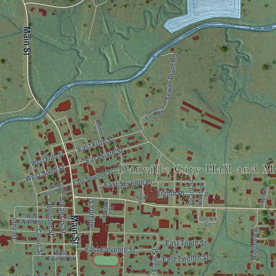 Close-up of the map of Danville, Arkansas print showing street and building detail