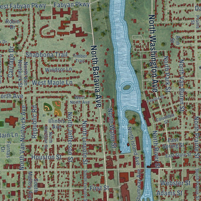 Close-up of the map of Batavia, Illinois print showing street and building detail