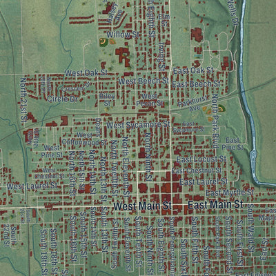Close-up of the map of Independence, Kansas print showing street and building detail