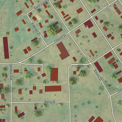 Close-up of the map of St. John, North Dakota print showing street and building detail