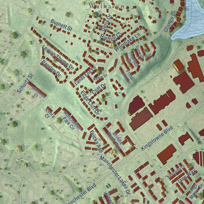 Close-up of the map of Kingstowne, Virginia print showing street and building detail