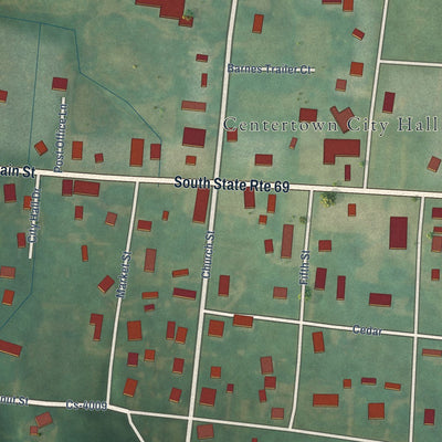Close-up of the map of Centertown, Kentucky print showing street and building detail