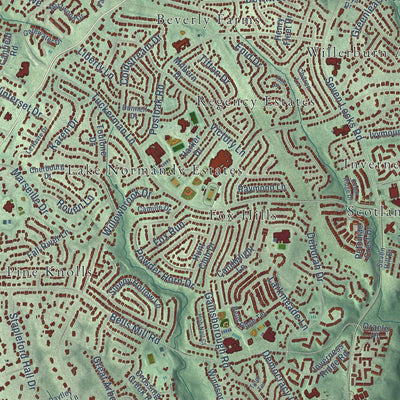 Close-up of the map of Potomac, Maryland print showing street and building detail