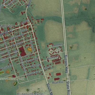 Close-up of the map of Bridgeville, Delaware print showing street and building detail