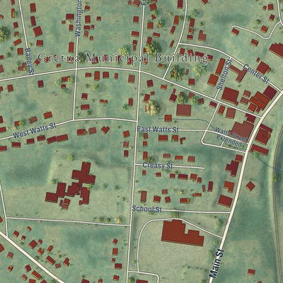 Close-up of the map of Gretna, Virginia print showing street and building detail