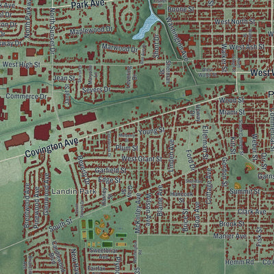 Close-up of the map of Piqua, Ohio print showing street and building detail