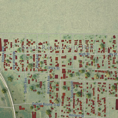 Close-up of the map of South Roxana, Illinois print showing street and building detail