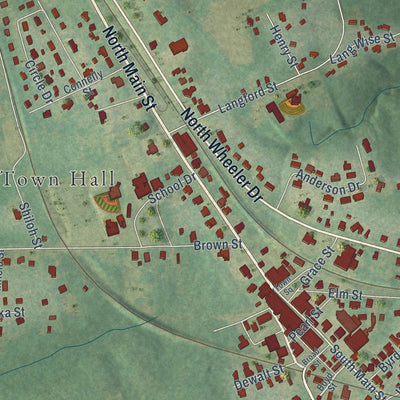 Close-up of the map of Prosperity, South Carolina print showing street and building detail