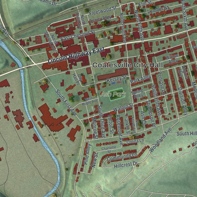 Close-up of the map of Coatesville, Pennsylvania print showing street and building detail