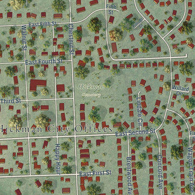 Close-up of the map of Hickman, Nebraska print showing street and building detail