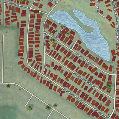 Close-up of the map of Johnson City, Oregon print showing street and building detail