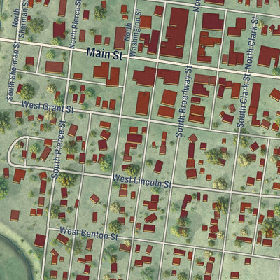 Close-up of the map of Bloomfield, Nebraska print showing street and building detail