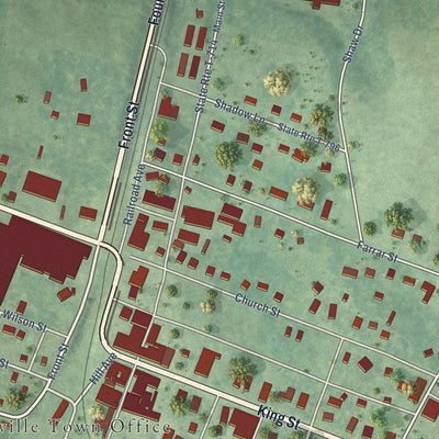 Close-up of the map of Keysville, Virginia print showing street and building detail