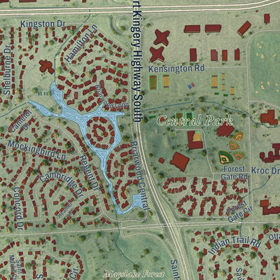 Close-up of the map of Oak Brook, Illinois print showing street and building detail