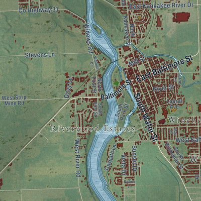 Close-up of the map of Wilmington, Will County, Illinois print showing street and building detail