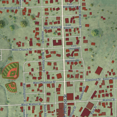 Close-up of the map of Washburn, Illinois print showing street and building detail