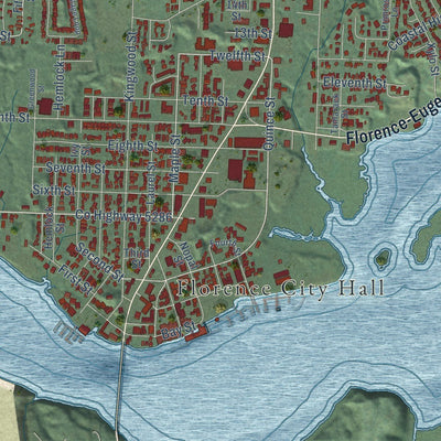 Close-up of the map of Florence, Oregon print showing street and building detail
