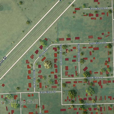 Close-up of the map of Godley, Illinois print showing street and building detail