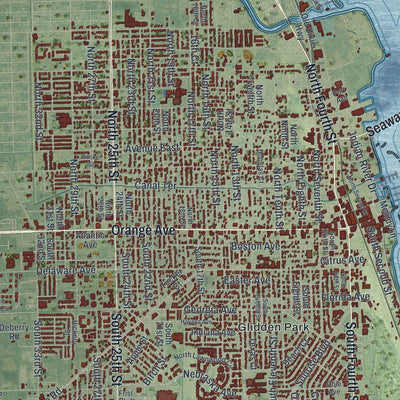 Close-up of the map of Fort Pierce, Florida print showing street and building detail