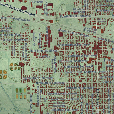 Close-up of the map of Huron, South Dakota print showing street and building detail