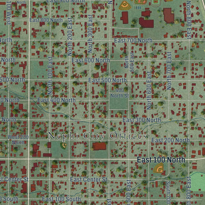 Close-up of the map of Nephi, Utah print showing street and building detail