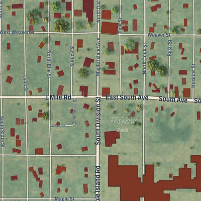 Close-up of the map of Hesperia, Michigan print showing street and building detail