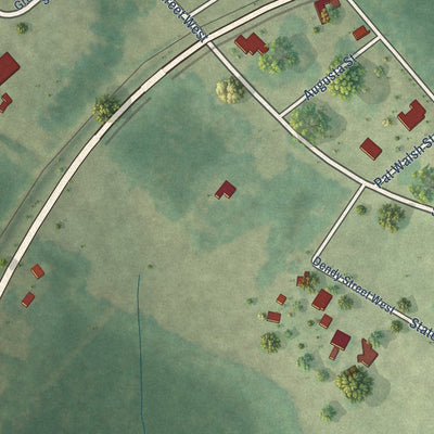 Close-up of the map of Troy, South Carolina print showing street and building detail