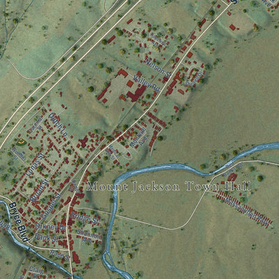 Close-up of the map of Mount Jackson, Virginia print showing street and building detail