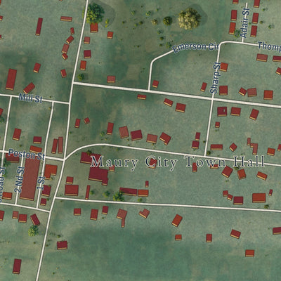 Close-up of the map of Maury City, Tennessee print showing street and building detail