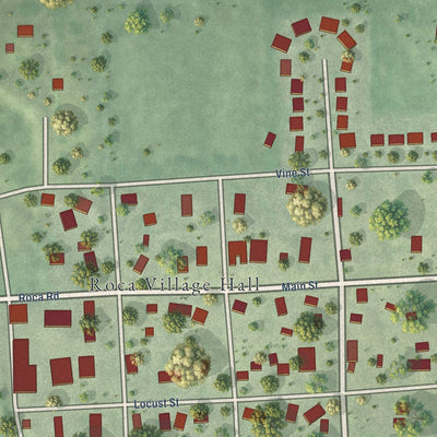 Close-up of the map of Roca, Nebraska print showing street and building detail
