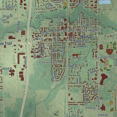 Close-up of the map of North Branch, Minnesota print showing street and building detail
