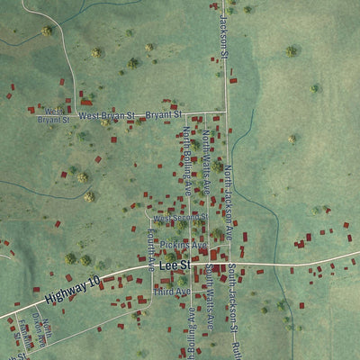Close-up of the map of Rutledge, Alabama print showing street and building detail