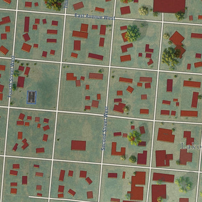 Close-up of the map of Lakota, North Dakota print showing street and building detail