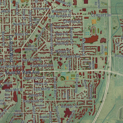 Close-up of the map of Beaver Dam, Wisconsin print showing street and building detail