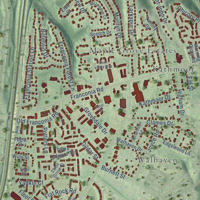Close-up of the map of Franconia, Virginia print showing street and building detail