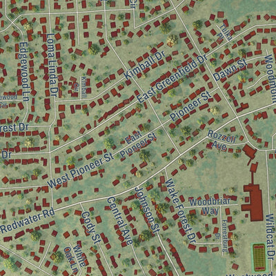Close-up of the map of Wake Village, Texas print showing street and building detail