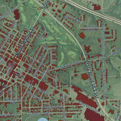 Close-up of the map of Batesville, Indiana print showing street and building detail