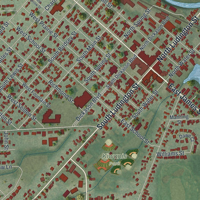 Close-up of the map of Columbus, Wisconsin print showing street and building detail