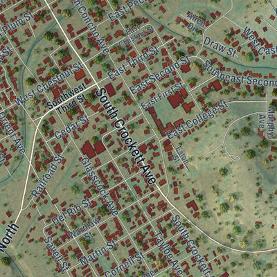 Close-up of the map of Sonora, Texas print showing street and building detail