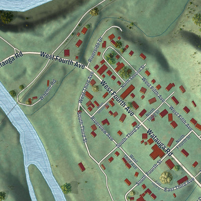 Close-up of the map of Watauga, Tennessee print showing street and building detail