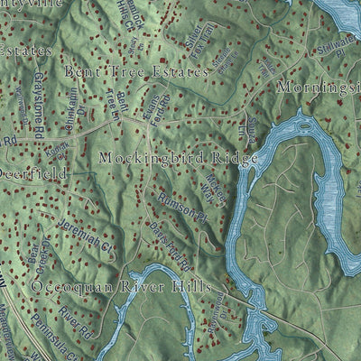 Close-up of the map of Buckhall, Virginia print showing street and building detail