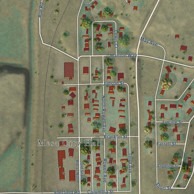 Close-up of the map of Mesa, Washington print showing street and building detail